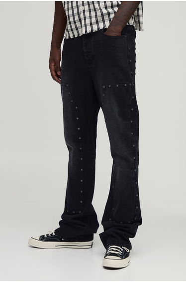 Studded Carpenter Stacked Slim Flared Jeans - washed black