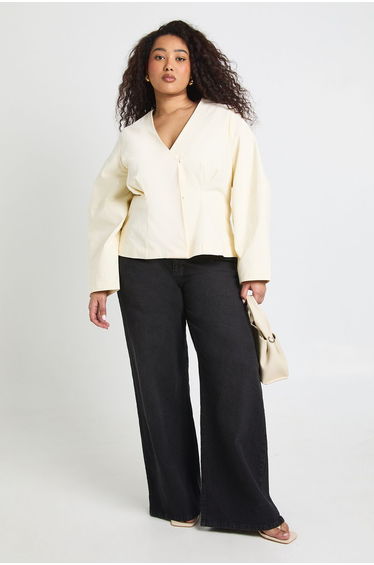 Plus Twill Balloon Sleeve Ciniched Blazer - ecru