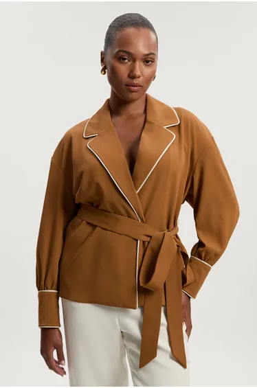 Plus Size Contrast Tipping Tie Waist Woven Trench Jacket