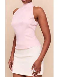 Pale Pink Woven High Neck Tie Detail Top - 3