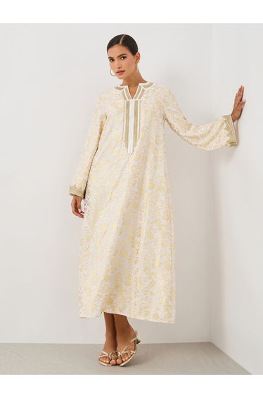 Floral Print Embroidered Detail Long Sleeve Jalabiya
