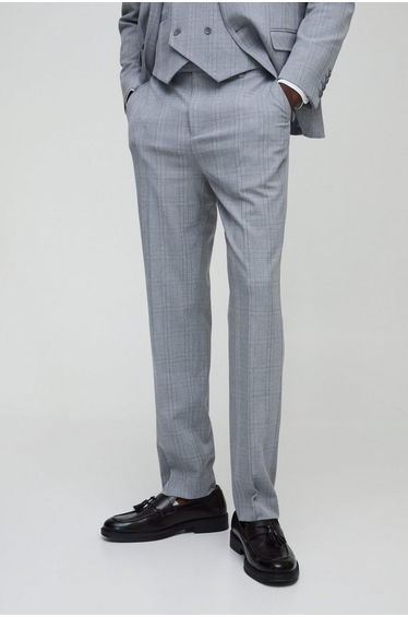 Straight Fit Tonal Check Tailored Trouser - light grey