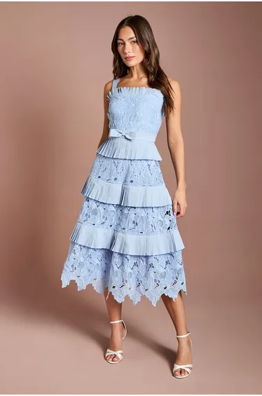 Lace Tiered Detail Strappy Midi Dress