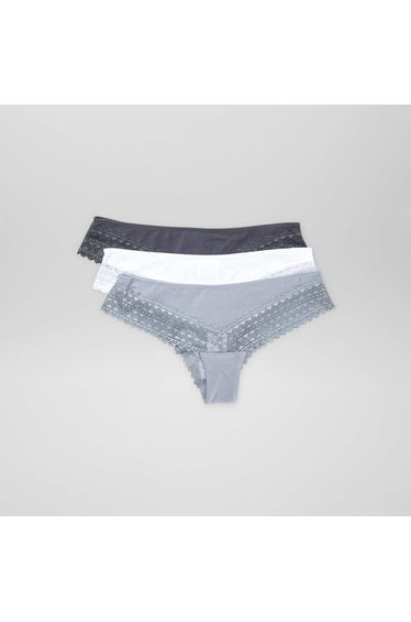 Pack of 3 pairs of cotton and lace Brazilian briefs BLUE