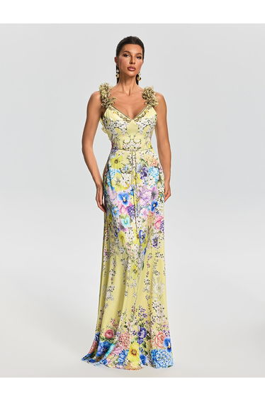 Goril V Neck Flower Maxi Dress