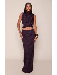 Deep Purple Flower Textured Cross Cut Out Detail Top Co-ord