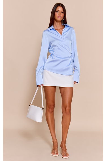 Blue Satin Tie Waist Detail Slouchy Shirt