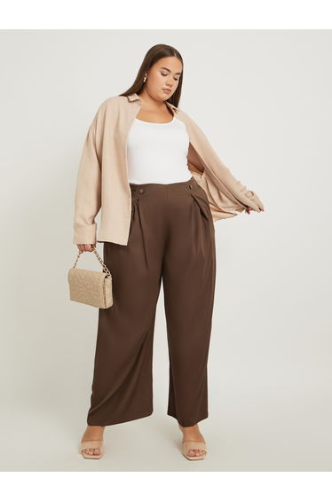Plus Size Solid Pleated Wide Leg Pants with Button Detail