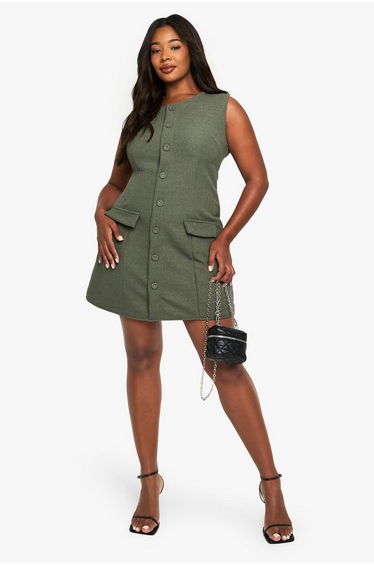 plus boucle button front tailored mini dress - khaki