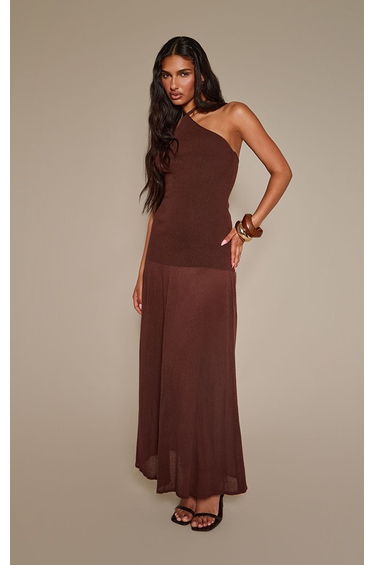 Chocolate Halterneck Dropped Waist Sheer Panel Knitted Maxi Dress