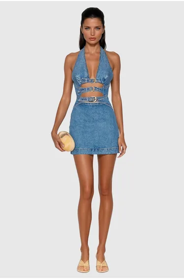 Wace Halter Neck Cutout Buckle Denim Mini Dress