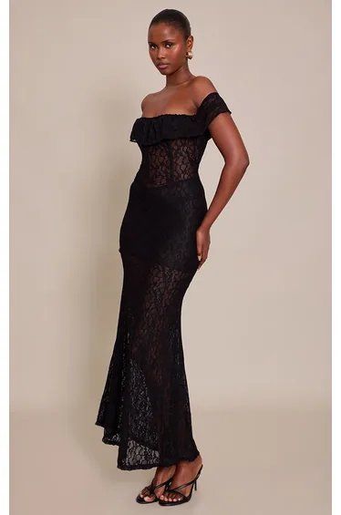 Black Lace Bandeau Corset Detail Maxi Dress