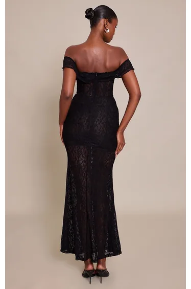 Black Lace Bandeau Corset Detail Maxi Dress