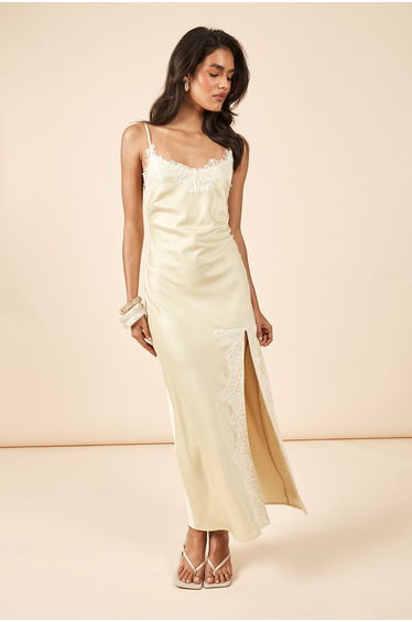 Satin & Lace Midaxi Slip Dress - lemon