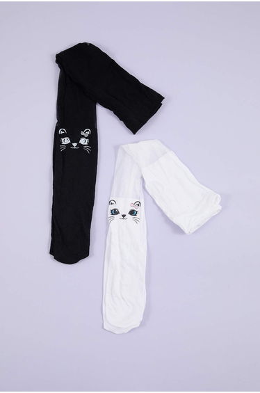 Ecru-Black 2-Piece Cat Printed Girls' Pantyhose