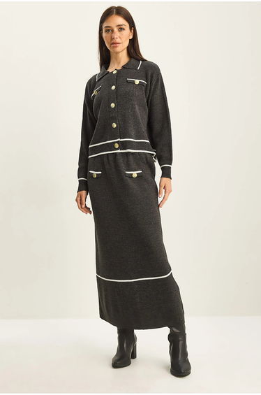 LUCCI Ribbed Knitwear Midi Two-Piece Set with Button Closure