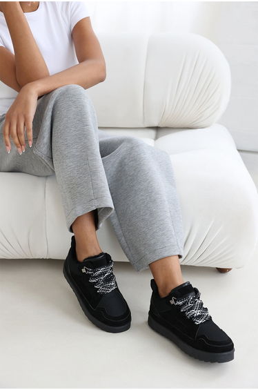 Lumina Black Suede Low Top Trainer with mesh panel and Faux fur lining