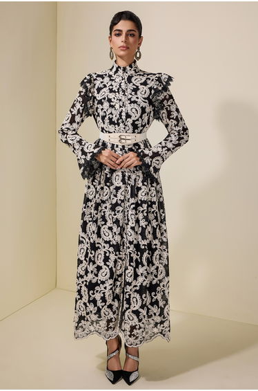 Chiffon Embroidered Single Breasted Midi Dress With Belt