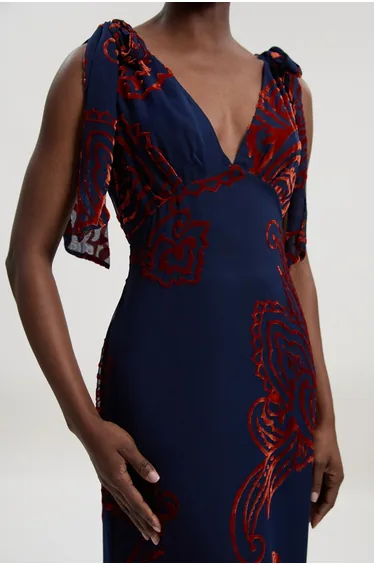 Paisley Devore Plunge Woven Midi Dress