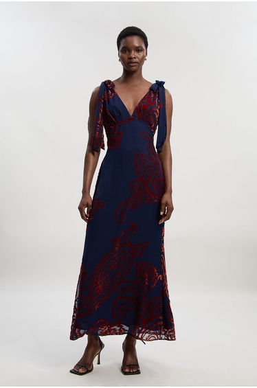 Paisley Devore Plunge Woven Midi Dress