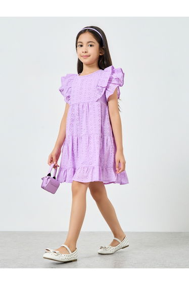 Girls Lilac Schiffli Ruffled Detail Dress
