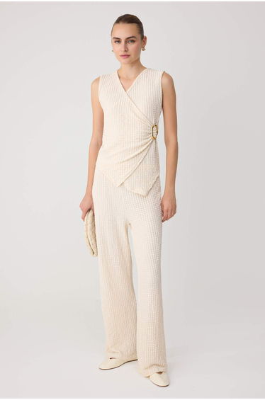 Stone Double-Breasted Akseusar Detailed Textured Flexible Knitted Bottom - Top Set