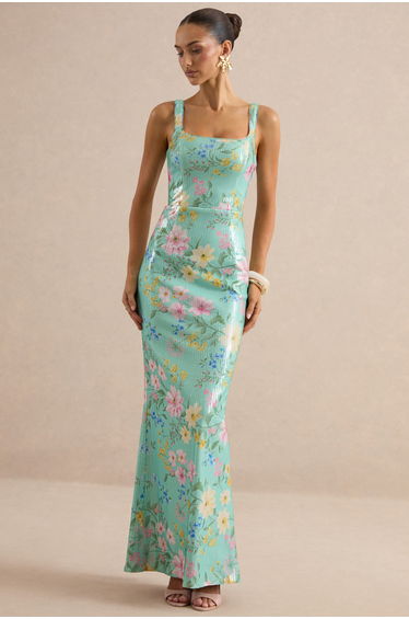 Danette | Mint Floral Print Sequin Square-Neck Maxi Dress