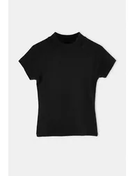 Black Plain Regular High Neck Raglan Sleeve Short Regular Ribbed Knitted T-Shirt - 4