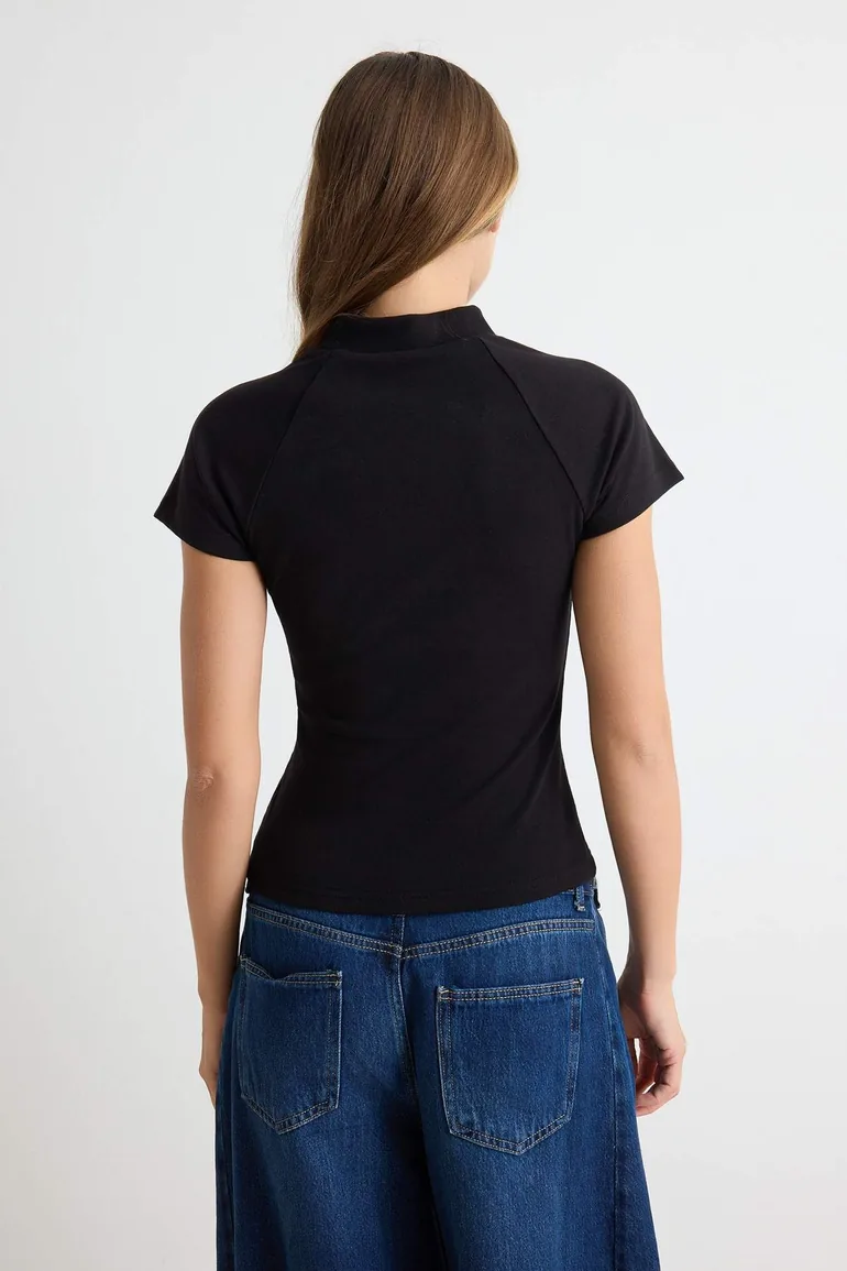 Black Plain Regular High Neck Raglan Sleeve Short Regular Ribbed Knitted T-Shirt - 3