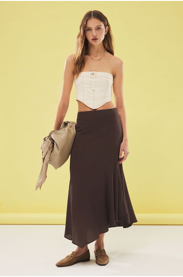 Dark Brown Flowy Fabric Hem Asymmetrical Maxi Skirt