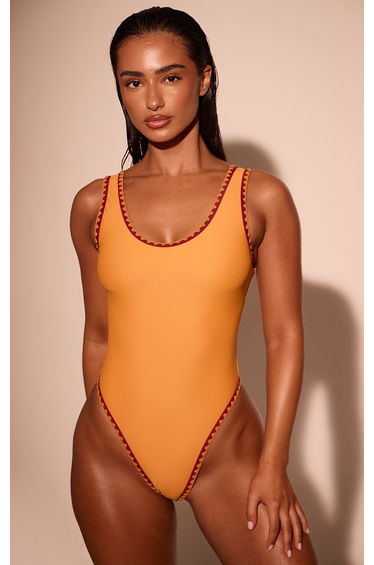 Orange Contrast Whip Stitch Scoop Swimsuit