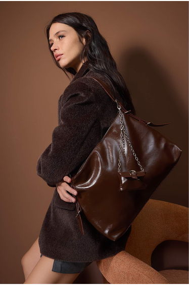 Light Brown Wrinkled Faux Leather Belt Buckle Pouch Women's Maxi Size Shoulder Bag