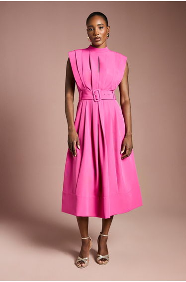 Colour Block Belted Pleat Detail Midi Dress