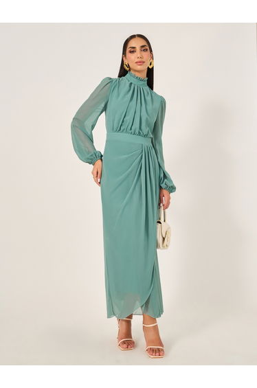 Plain Pleated Wrap Look Sheath Maxi Dress