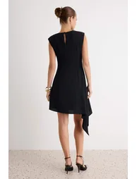 Black Asymmetrical Hem Detailed A-Line/ Bell Form Short / Mini Woven Dress - 3