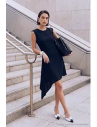Black Asymmetrical Hem Detailed A-Line/ Bell Form Short / Mini Woven Dress - 4