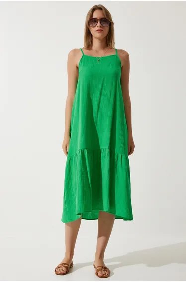 Women's Green Strappy Summer Loose Muslin Dress