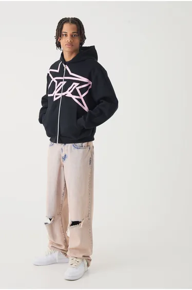 Oversized Boxy Star Printed Zip Through Hoodie - black