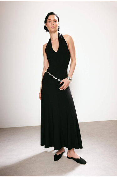 Trendyol Studio Collection Black Waist Opening Belted Sleeveless Stretch Knitted Dress