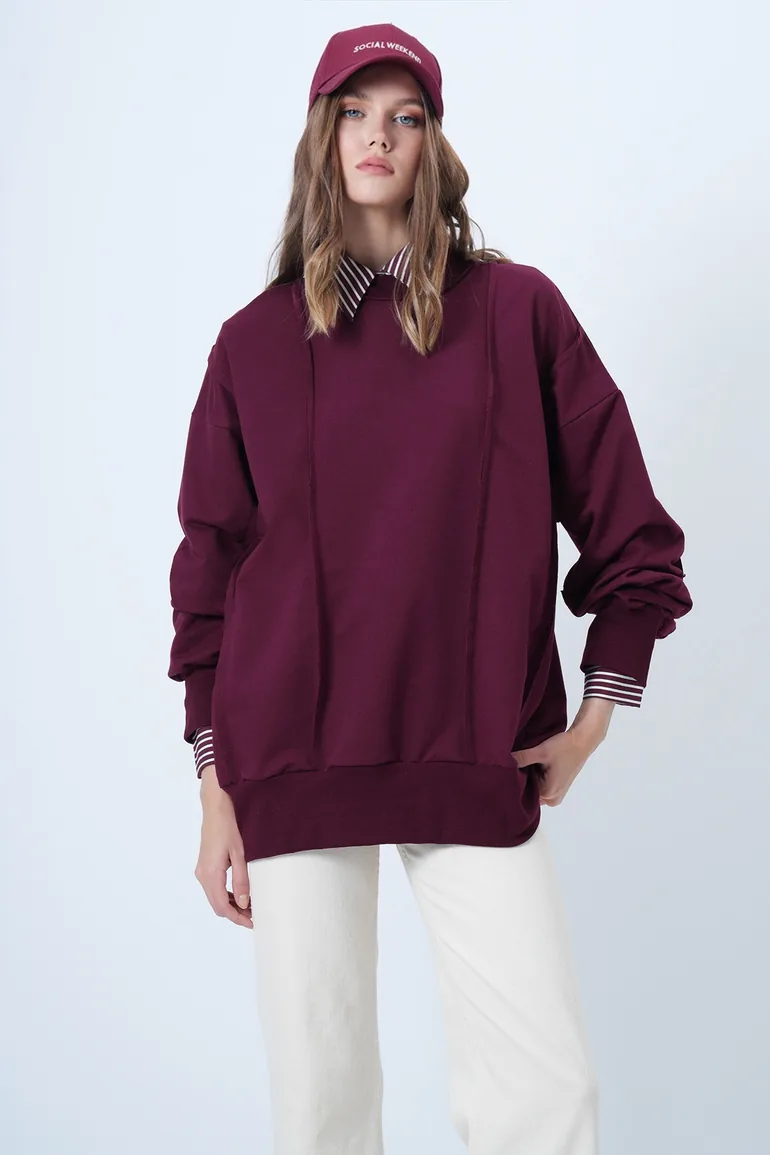 Women's burgundy stitch detailed oversize design sweatshirt