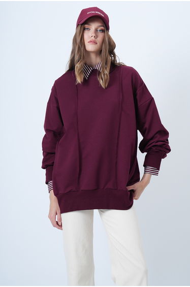 Women's burgundy stitch detailed oversize design sweatshirt