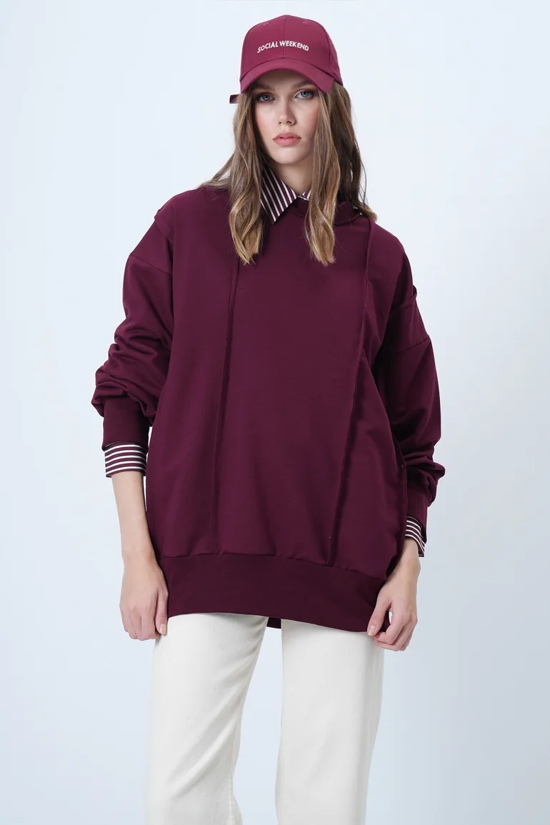 Women's burgundy stitch detailed oversize design sweatshirt - 4