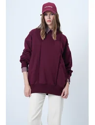 Women's burgundy stitch detailed oversize design sweatshirt - 4