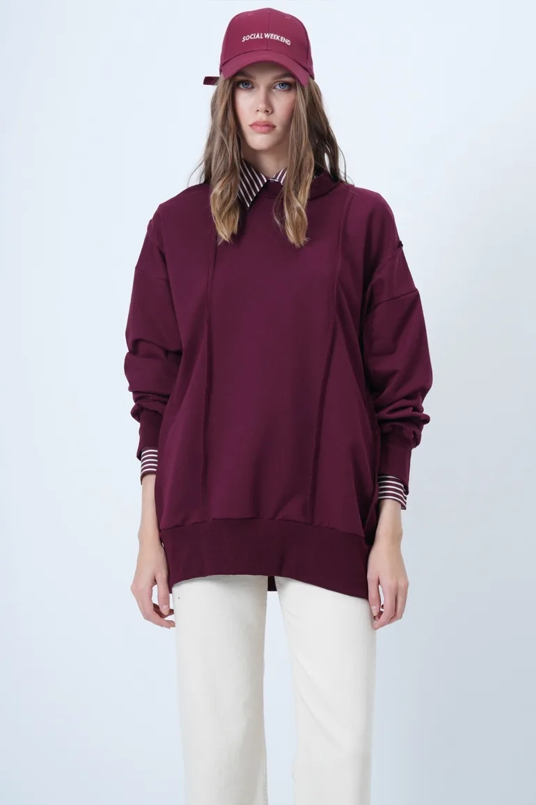 Women's burgundy stitch detailed oversize design sweatshirt - 1