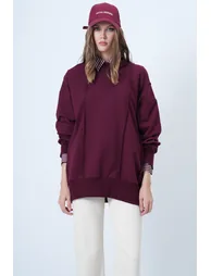 Women's burgundy stitch detailed oversize design sweatshirt - 1