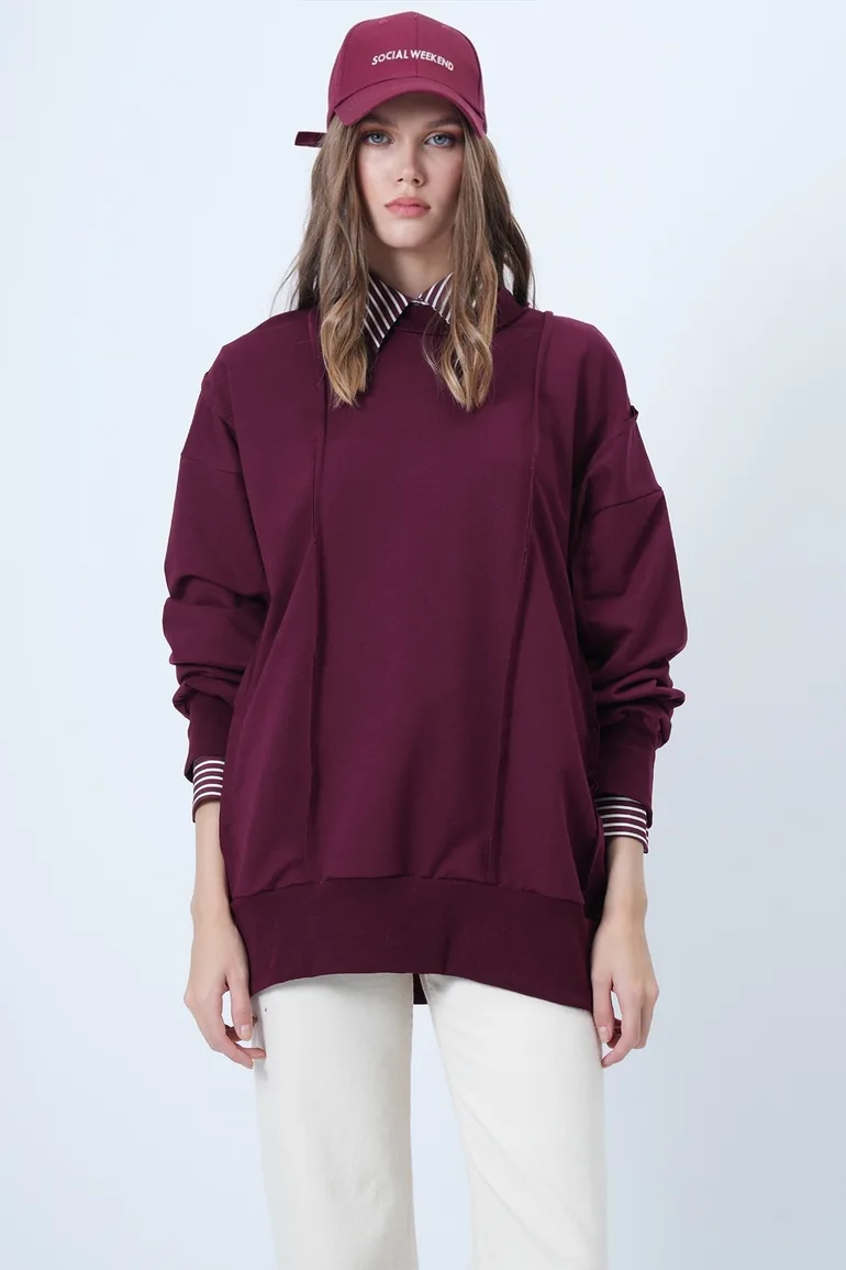 Women's burgundy stitch detailed oversize design sweatshirt - 3