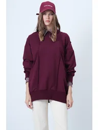 Women's burgundy stitch detailed oversize design sweatshirt - 3