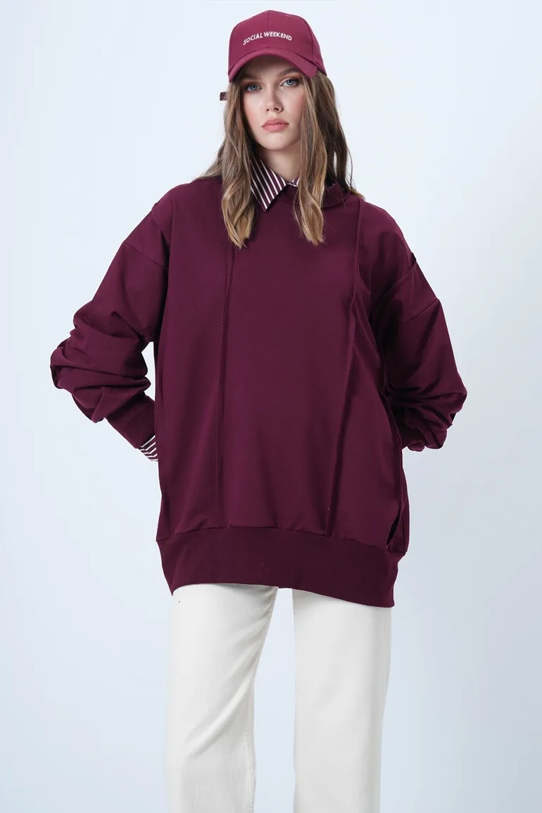 Women's burgundy stitch detailed oversize design sweatshirt - 2