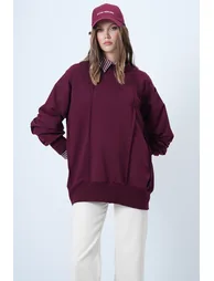 Women's burgundy stitch detailed oversize design sweatshirt - 2