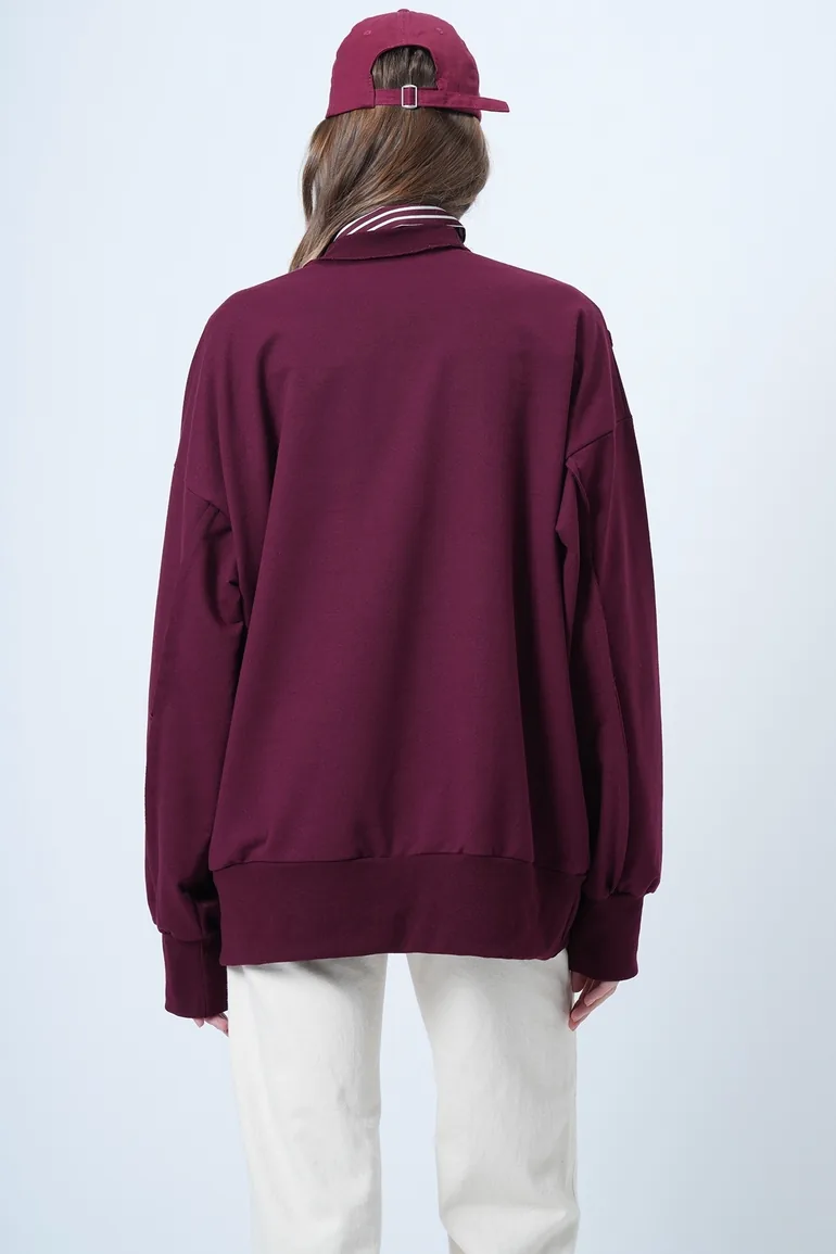 Women's burgundy stitch detailed oversize design sweatshirt - 6